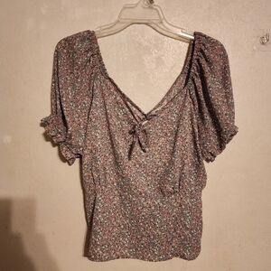 Blue Mood Floral Tie Back Short Sleeve Blouse Size L NWT